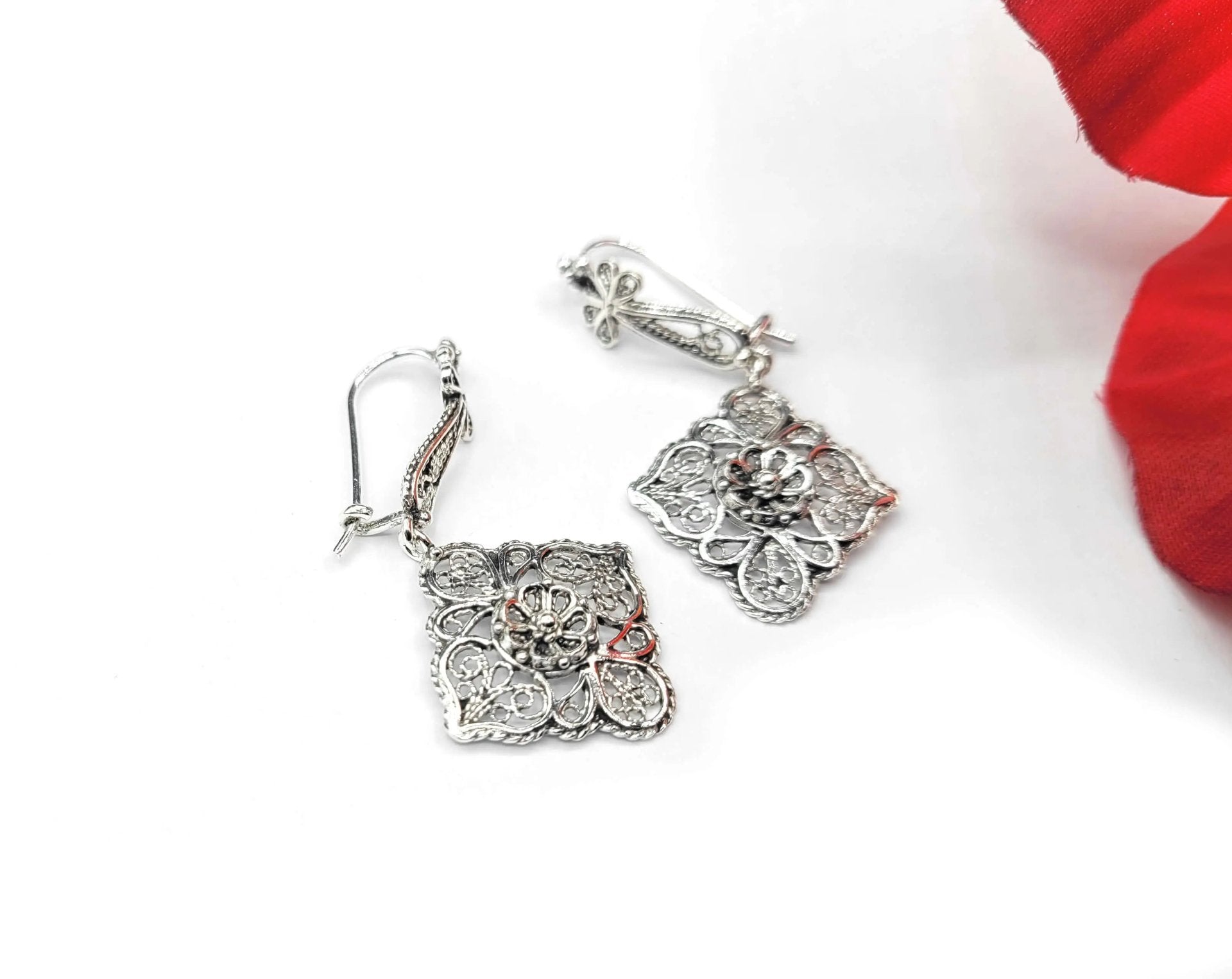 Sterling Silver Filigree Art Flower Figured Women Dangle Drop Earrings - Drakoi Marketplace