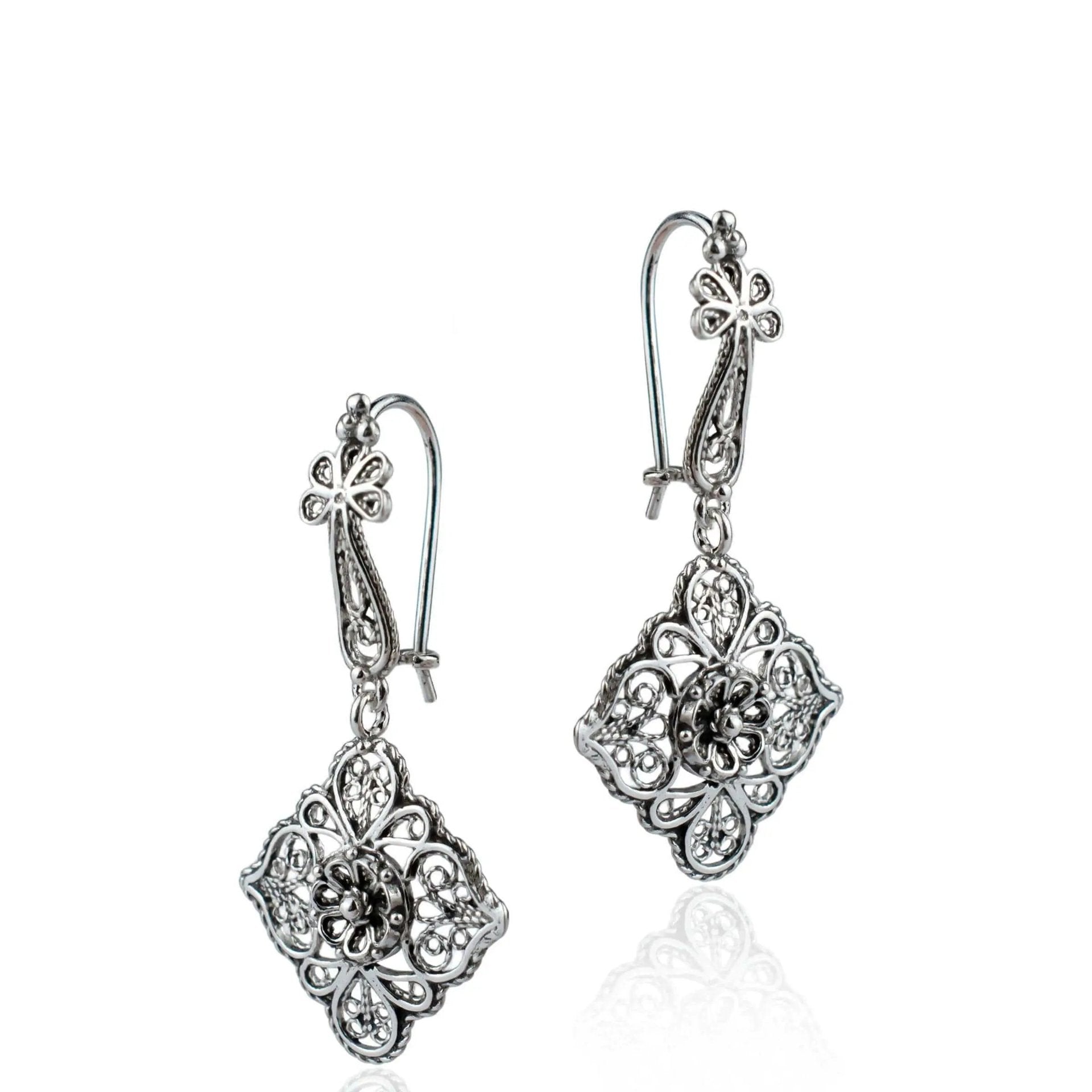 Sterling Silver Filigree Art Flower Figured Women Dangle Drop Earrings - Drakoi Marketplace