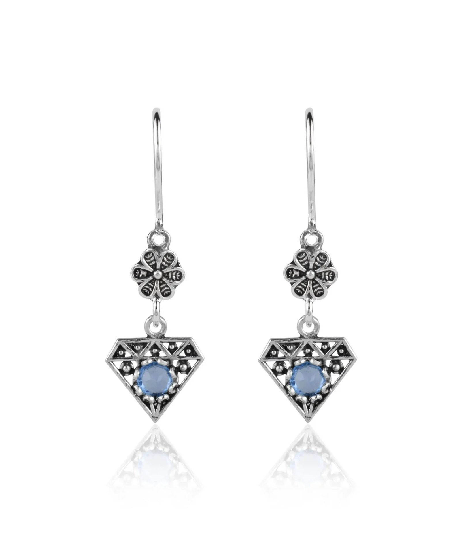 Sterling Silver Filigree Art Gemstone Diamond Women Dangle Earrings - Drakoi Marketplace