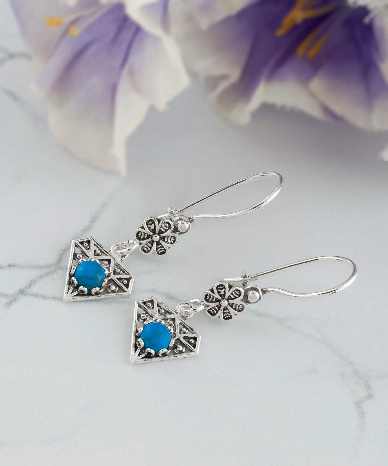 Sterling Silver Filigree Art Gemstone Diamond Women Dangle Earrings - Drakoi Marketplace