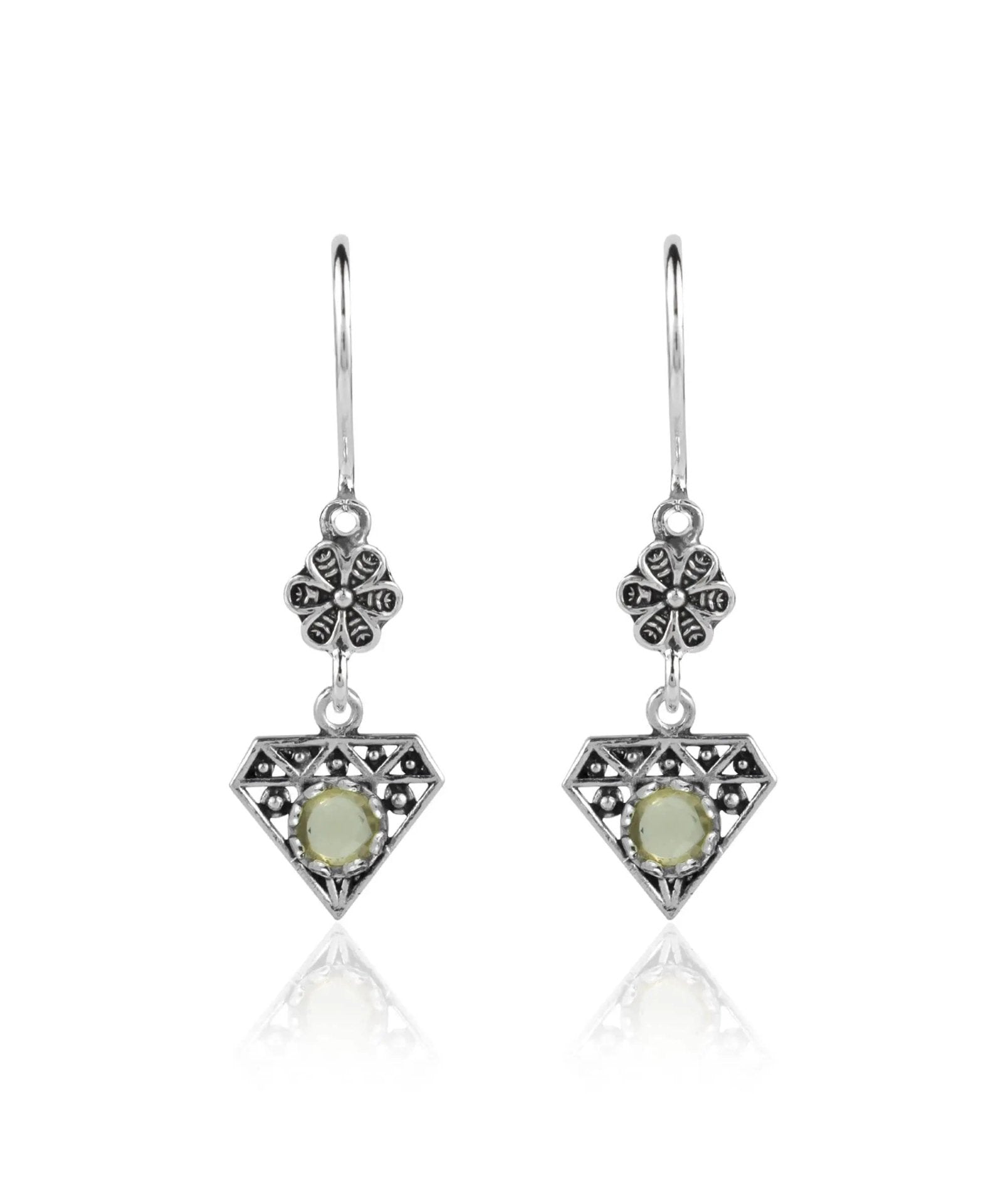 Sterling Silver Filigree Art Gemstone Diamond Women Dangle Earrings - Drakoi Marketplace