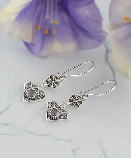 Sterling Silver Filigree Art Gemstone Diamond Women Dangle Earrings - Drakoi Marketplace