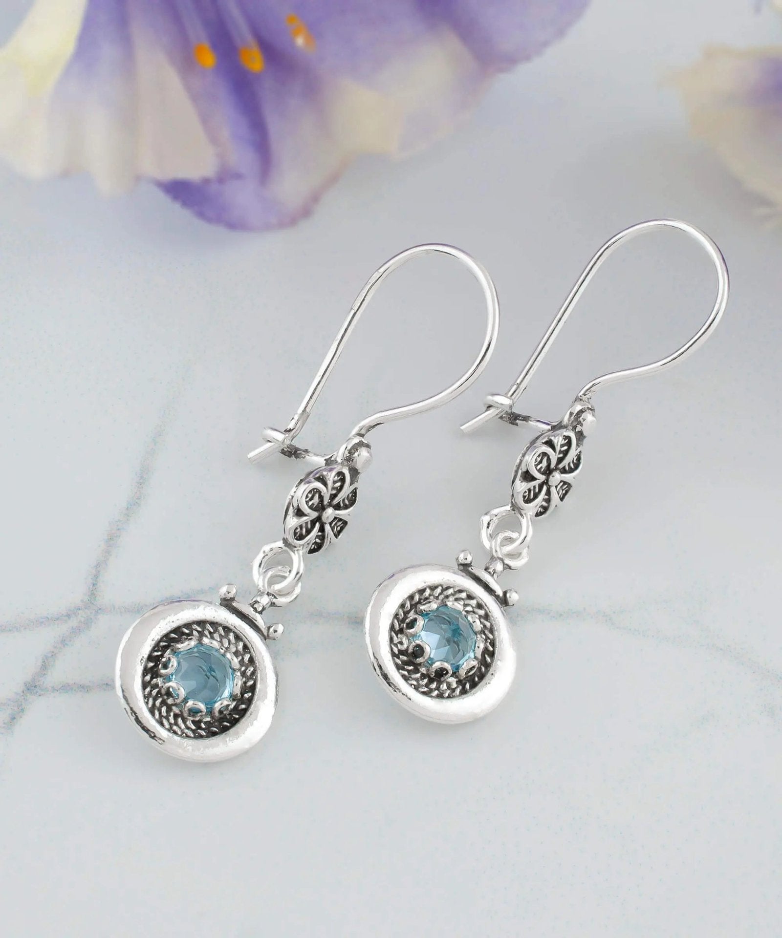 Sterling Silver Filigree Art Gemstone Women Dangle Earrings - Drakoi Marketplace