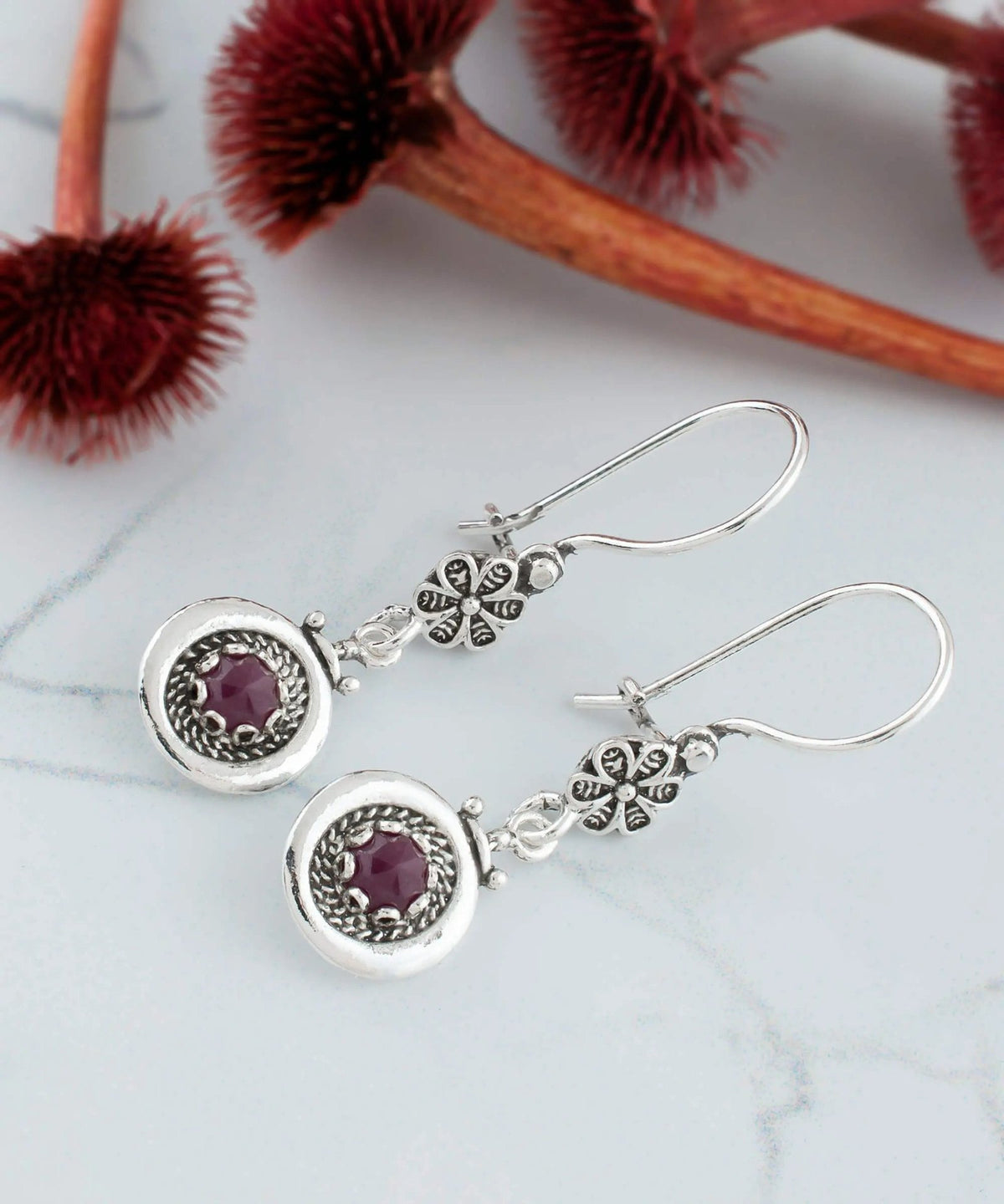 Sterling Silver Filigree Art Gemstone Women Dangle Earrings - Drakoi Marketplace