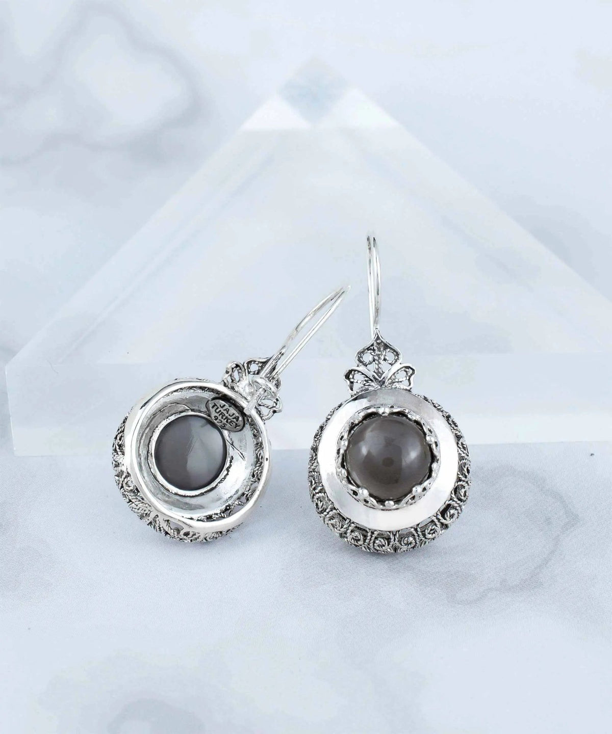 Sterling Silver Filigree Art Gray Moonstone Gemstone Women Drop Earrings - Drakoi Marketplace