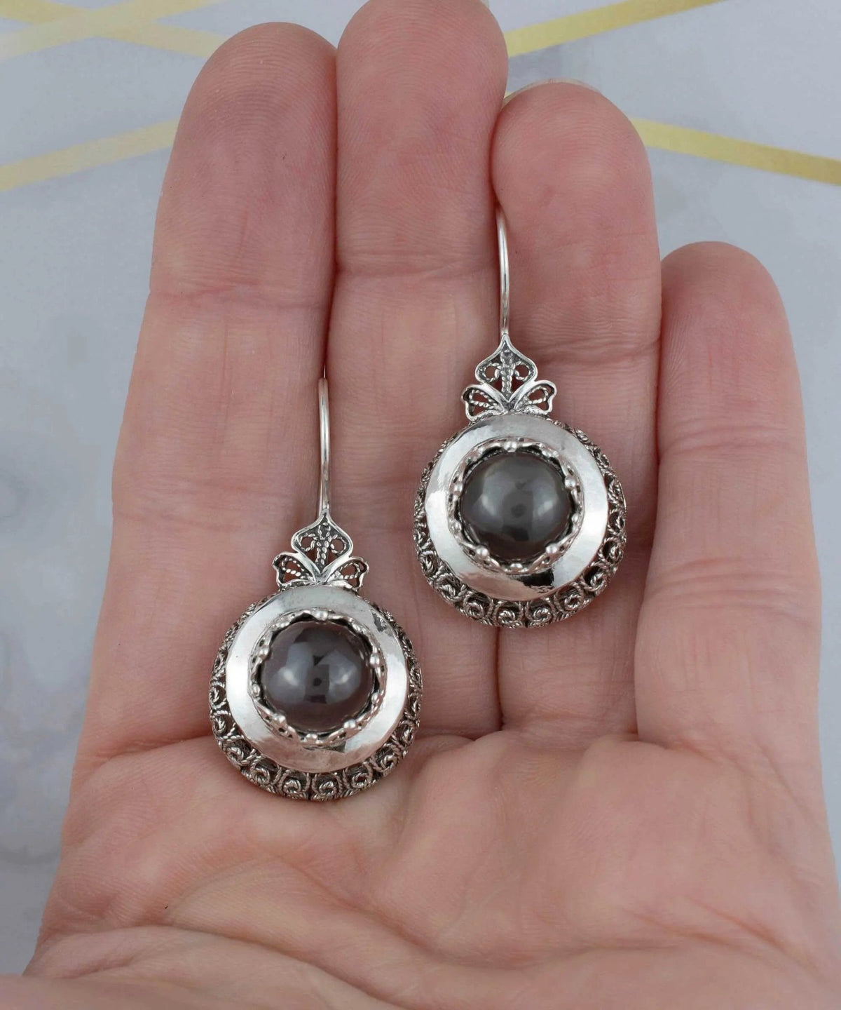 Sterling Silver Filigree Art Gray Moonstone Gemstone Women Drop Earrings - Drakoi Marketplace