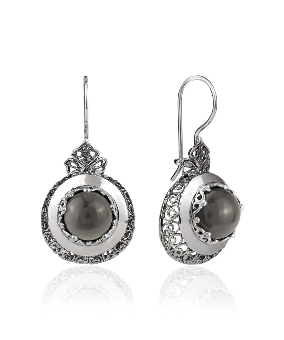 Sterling Silver Filigree Art Gray Moonstone Gemstone Women Drop Earrings - Drakoi Marketplace