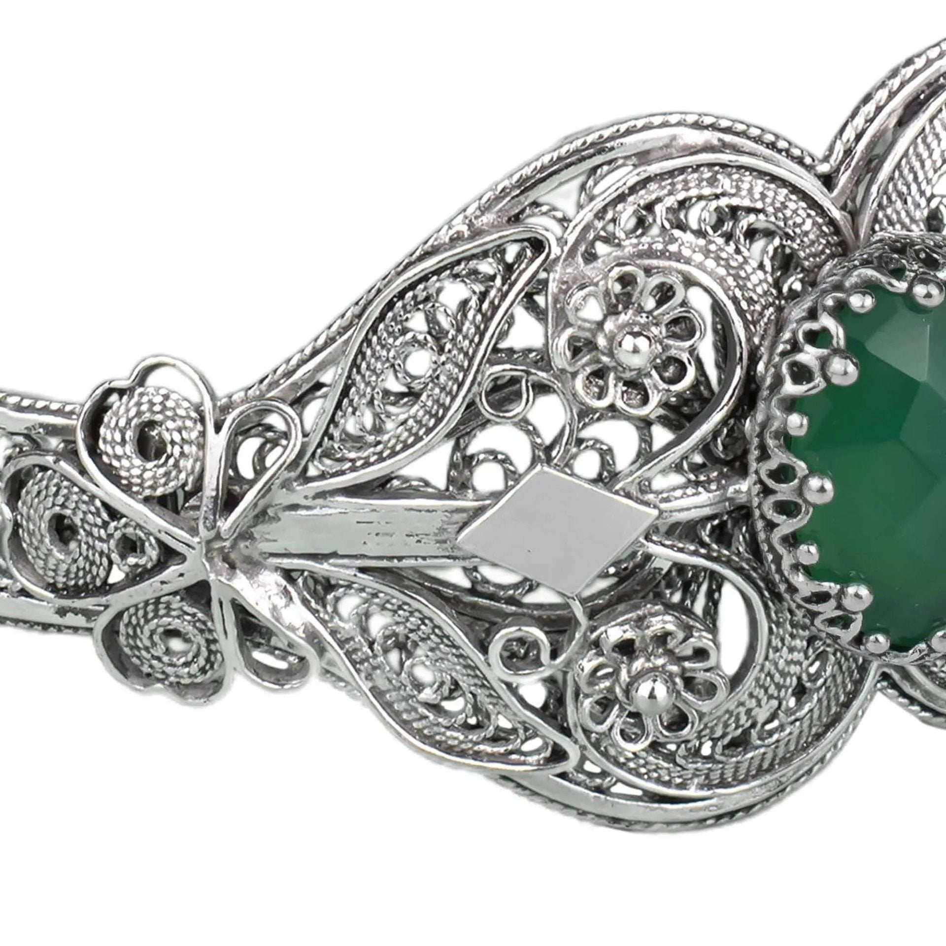 Sterling Silver Filigree Art Green Agate Gemstone Women Cuff Bracelet - Drakoi Marketplace