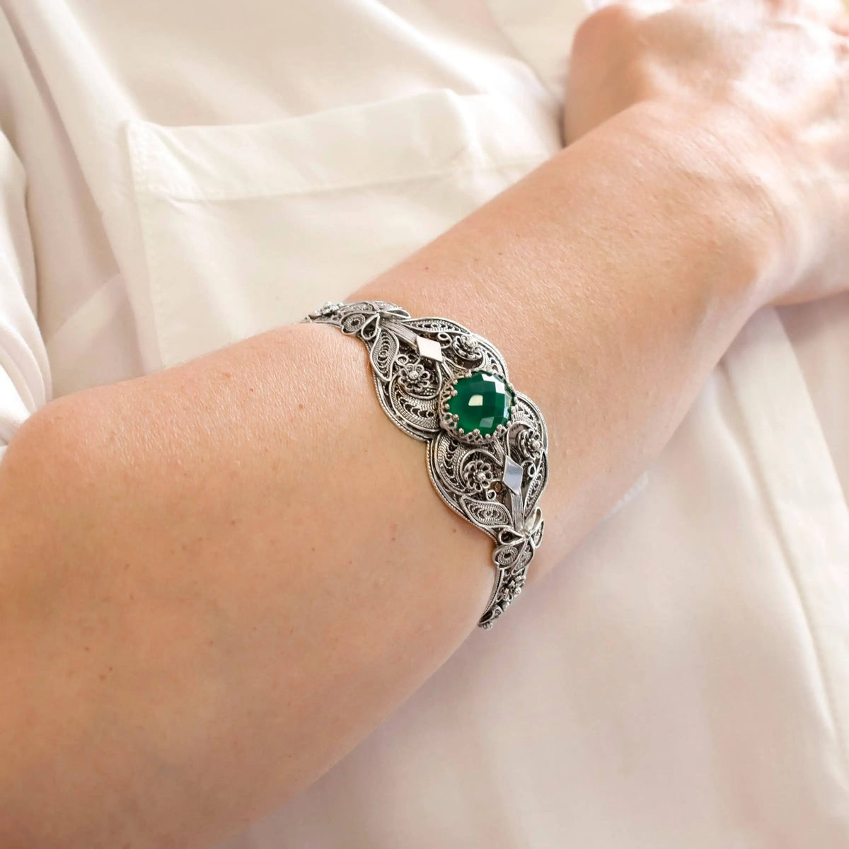 Sterling Silver Filigree Art Green Agate Gemstone Women Cuff Bracelet - Drakoi Marketplace