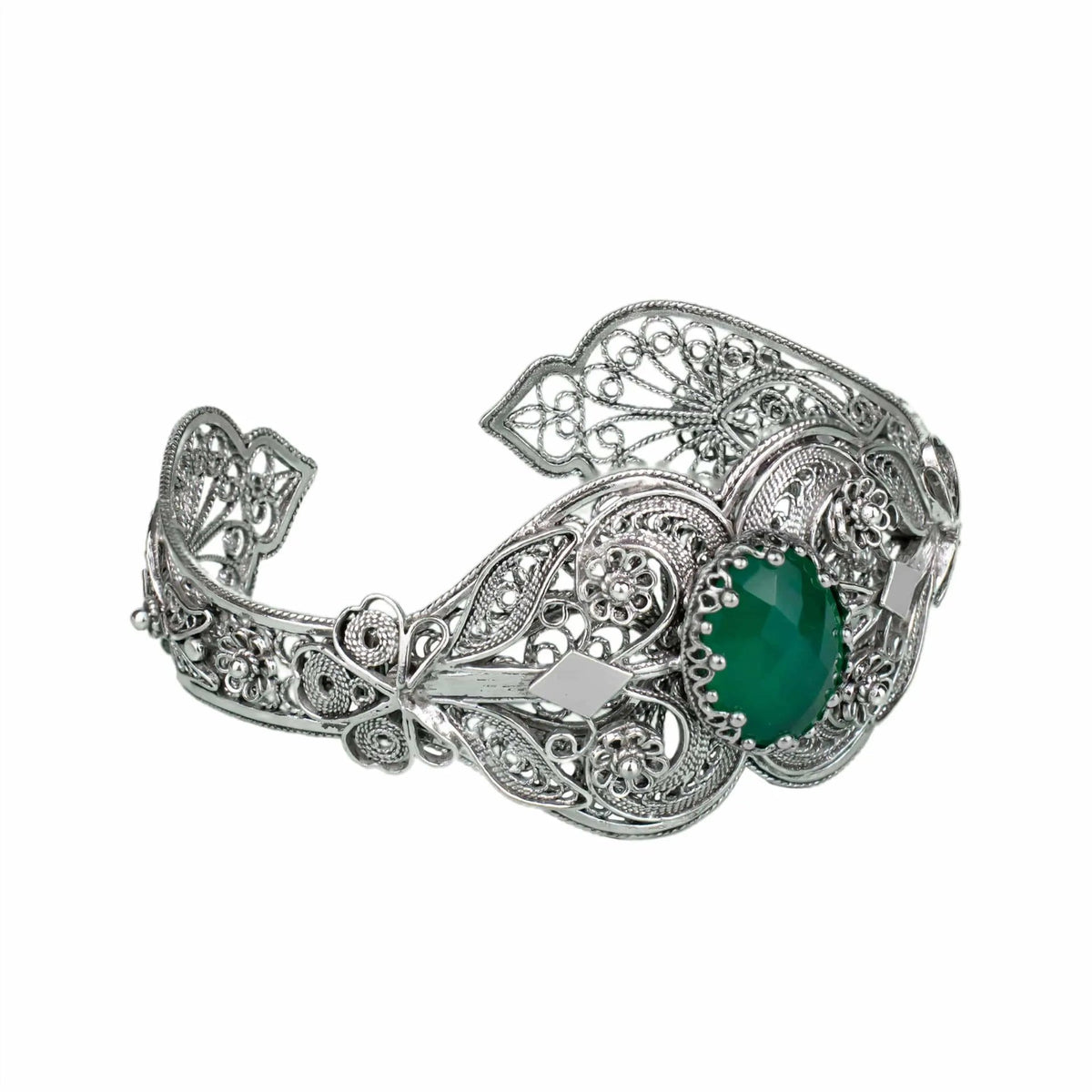 Sterling Silver Filigree Art Green Agate Gemstone Women Cuff Bracelet - Drakoi Marketplace