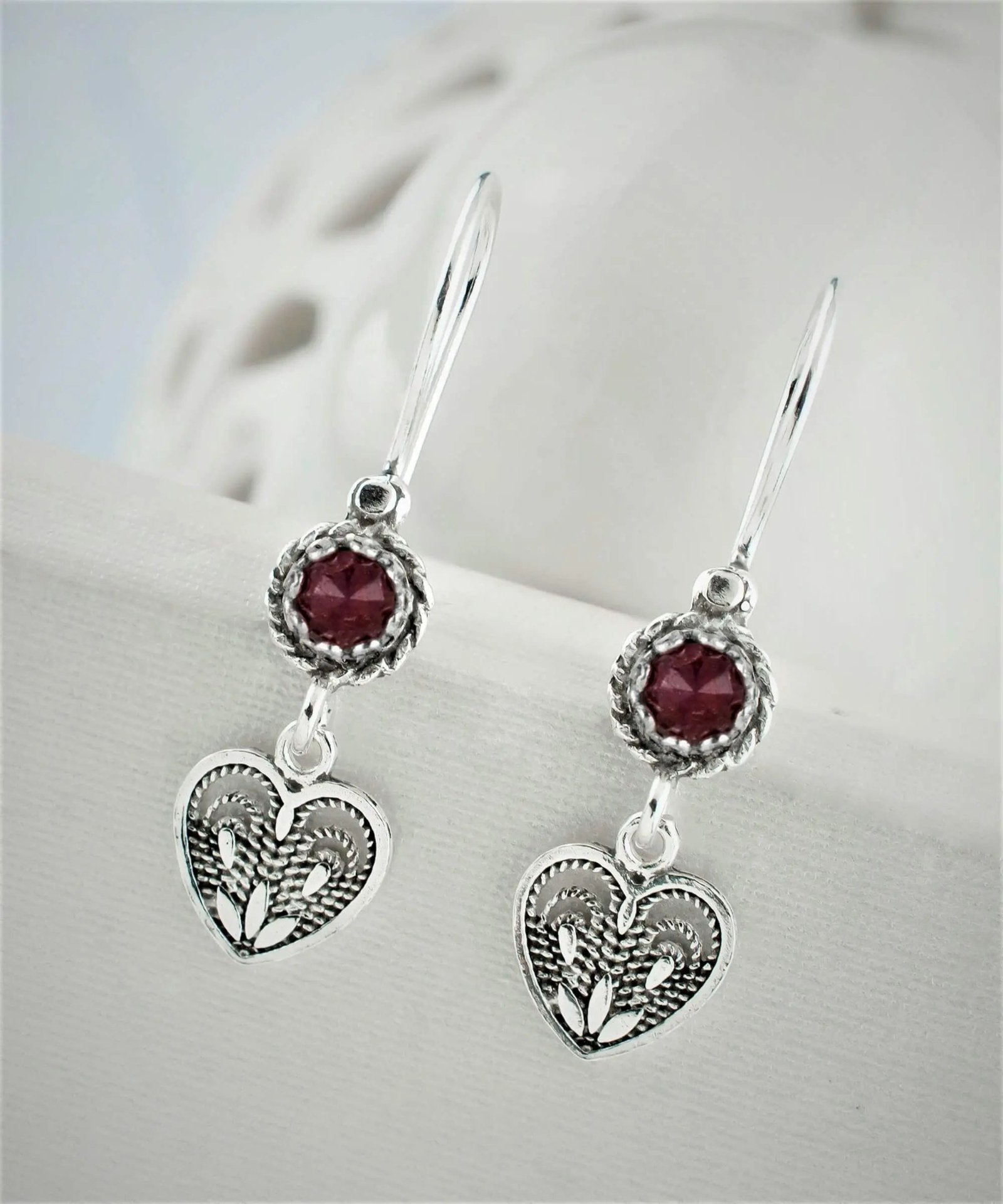 Sterling Silver Filigree Art Heart Shaped Gemstone Women Dangle Earrings - Drakoi Marketplace