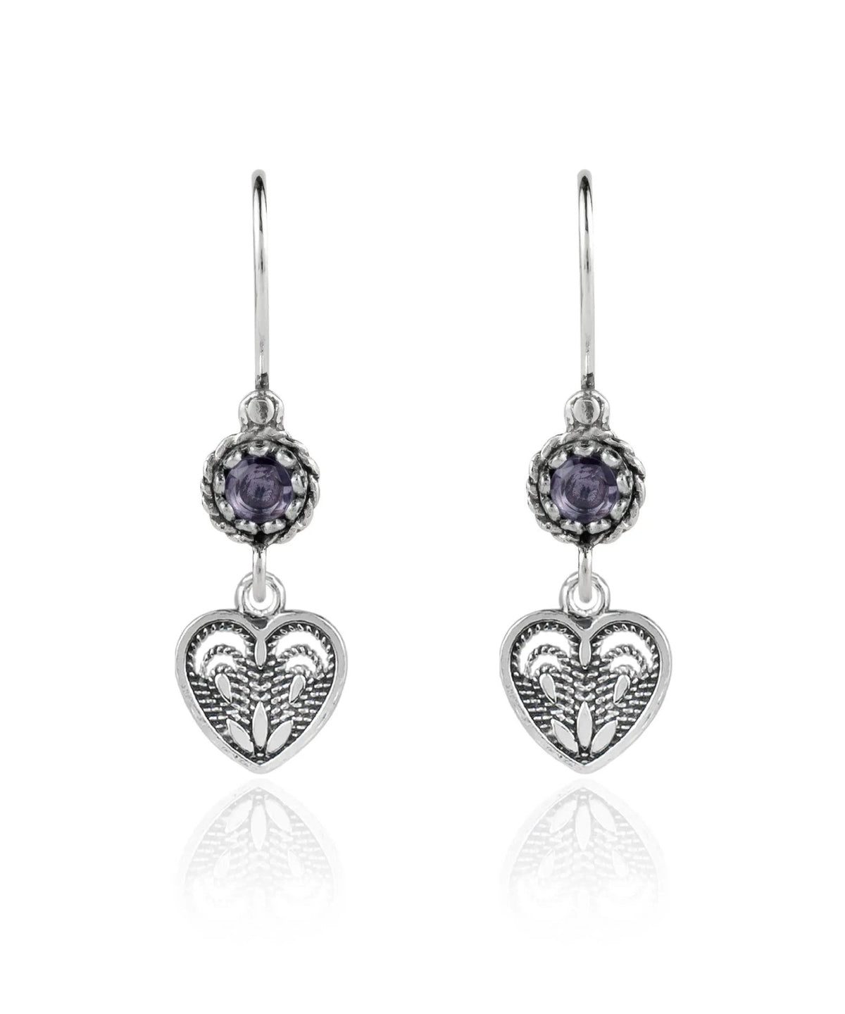 Sterling Silver Filigree Art Heart Shaped Gemstone Women Dangle Earrings - Drakoi Marketplace