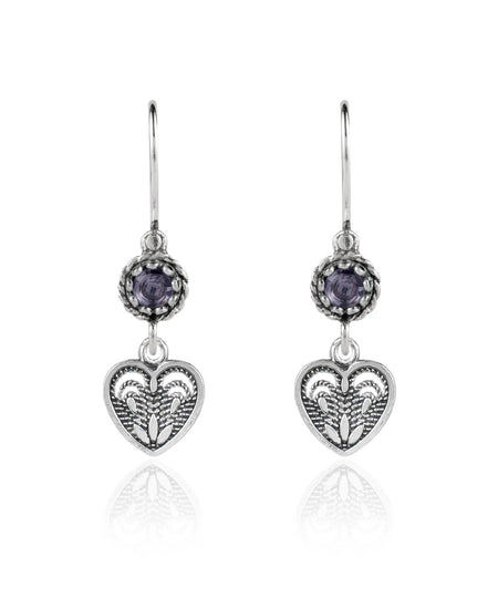 Sterling Silver Filigree Art Heart Shaped Gemstone Women Dangle Earrings - Drakoi Marketplace