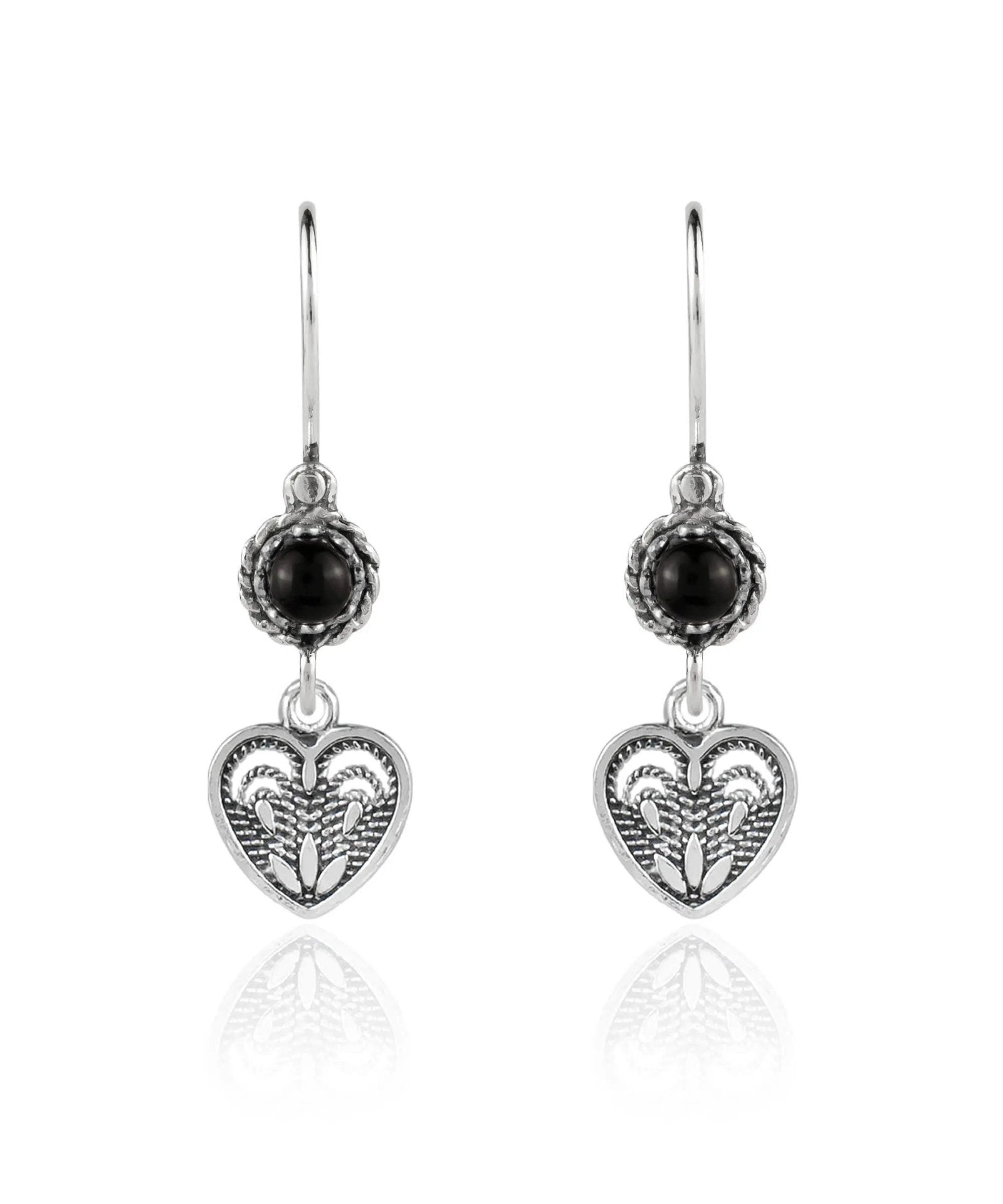 Sterling Silver Filigree Art Heart Shaped Gemstone Women Dangle Earrings - Drakoi Marketplace