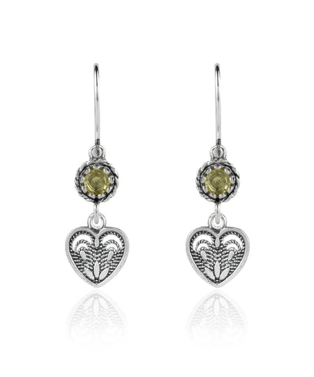 Sterling Silver Filigree Art Heart Shaped Gemstone Women Dangle Earrings - Drakoi Marketplace