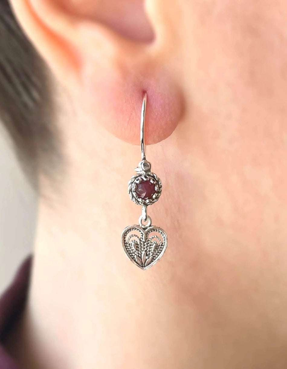 Sterling Silver Filigree Art Heart Shaped Gemstone Women Dangle Earrings - Drakoi Marketplace