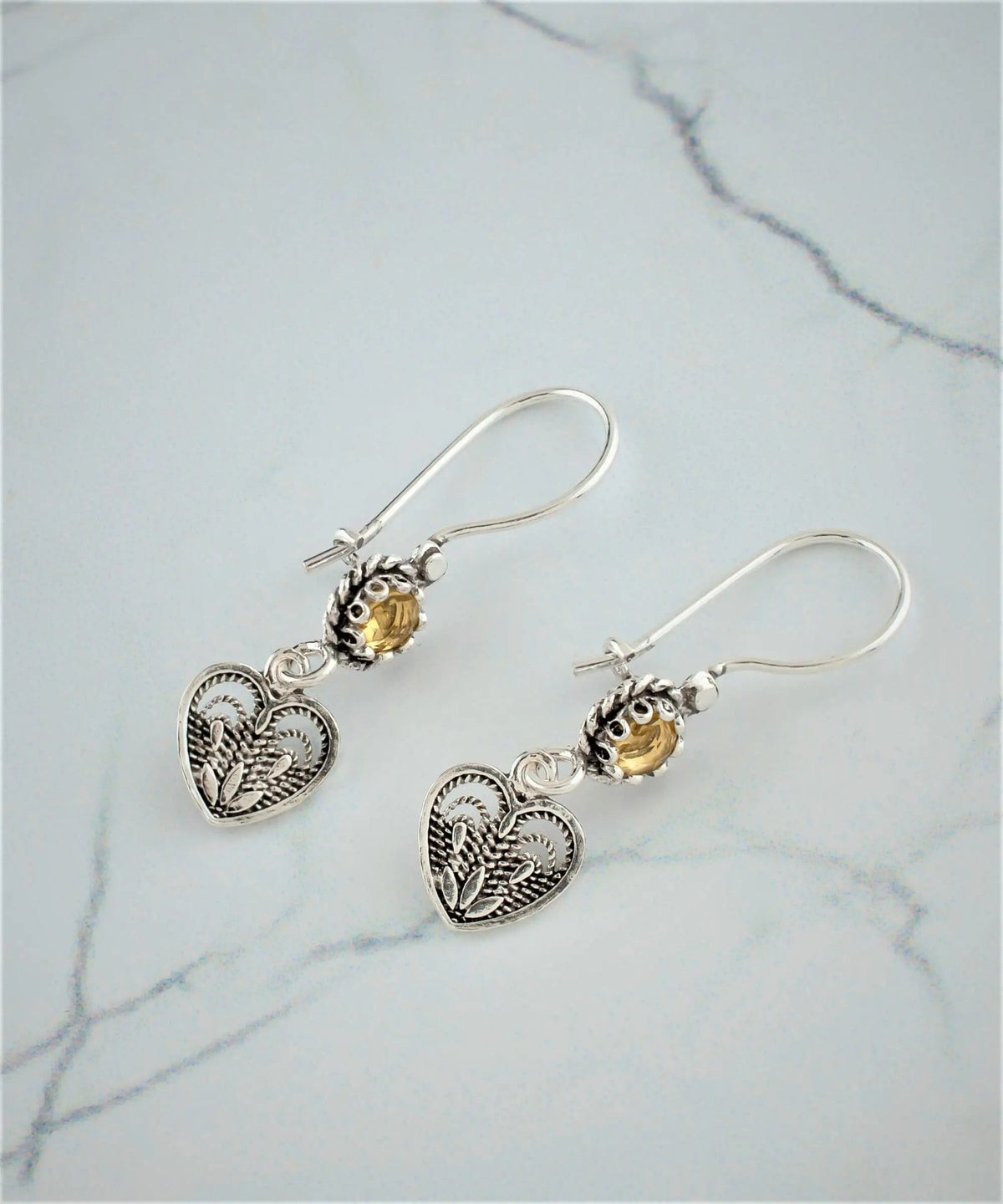 Sterling Silver Filigree Art Heart Shaped Gemstone Women Dangle Earrings - Drakoi Marketplace