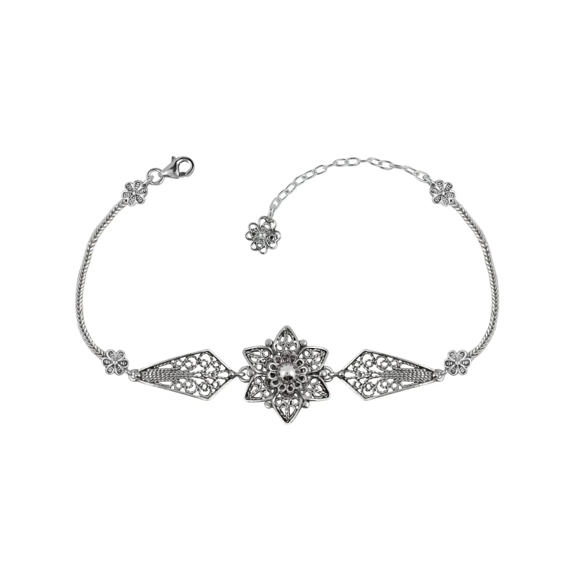 Sterling Silver Filigree Art Lily Flower Design Woman Link Bracelet - Drakoi Marketplace