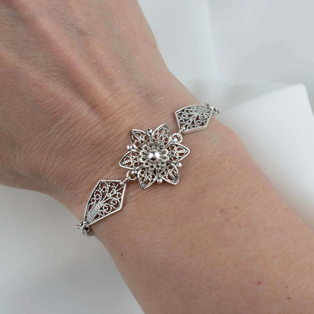 Sterling Silver Filigree Art Lily Flower Design Woman Link Bracelet - Drakoi Marketplace