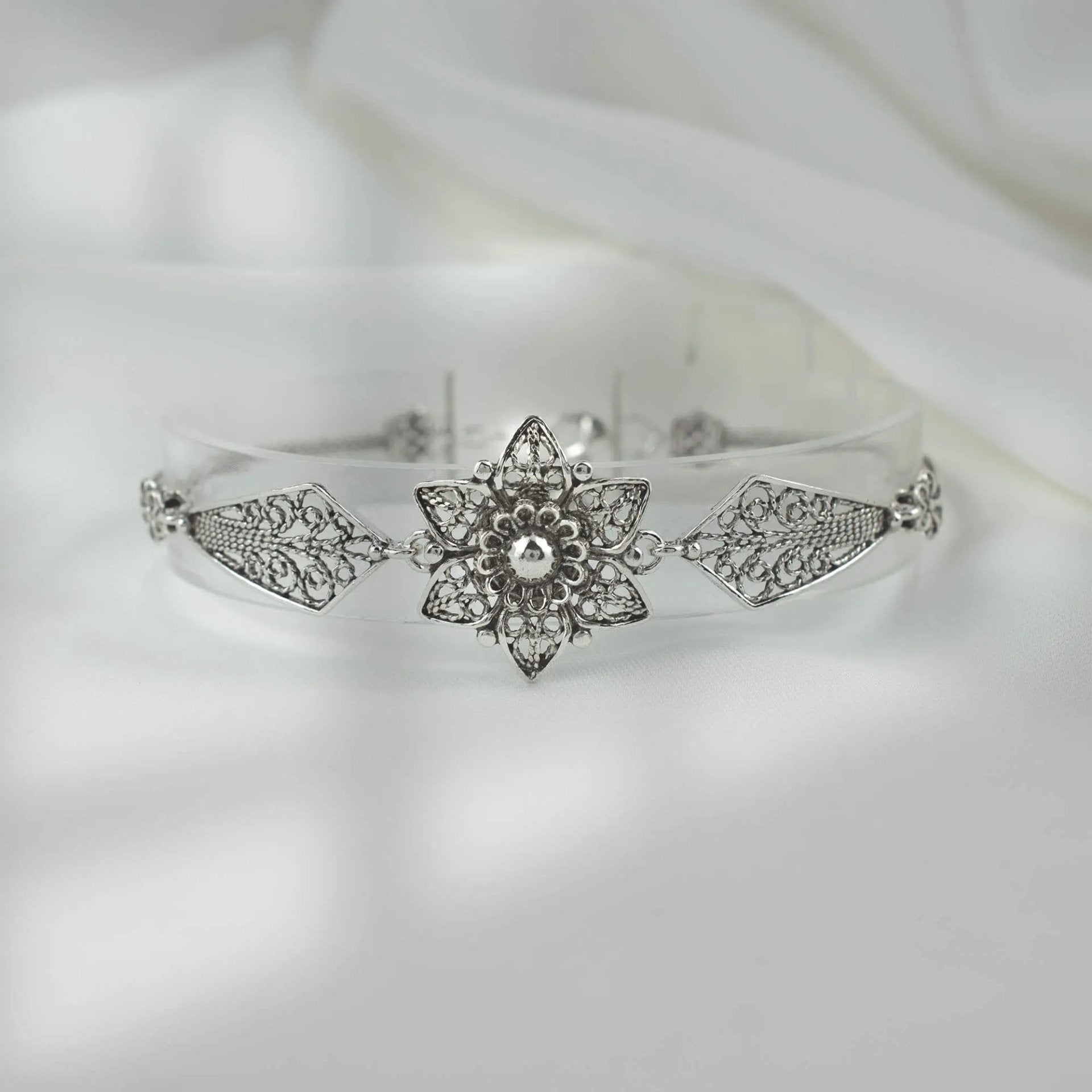 Sterling Silver Filigree Art Lily Flower Design Woman Link Bracelet - Drakoi Marketplace