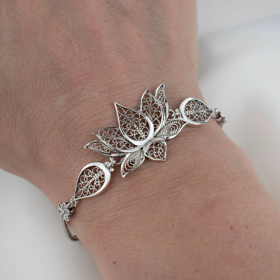 Sterling Silver Filigree Art Lotus Flower Design Woman Link Bracelet - Drakoi Marketplace