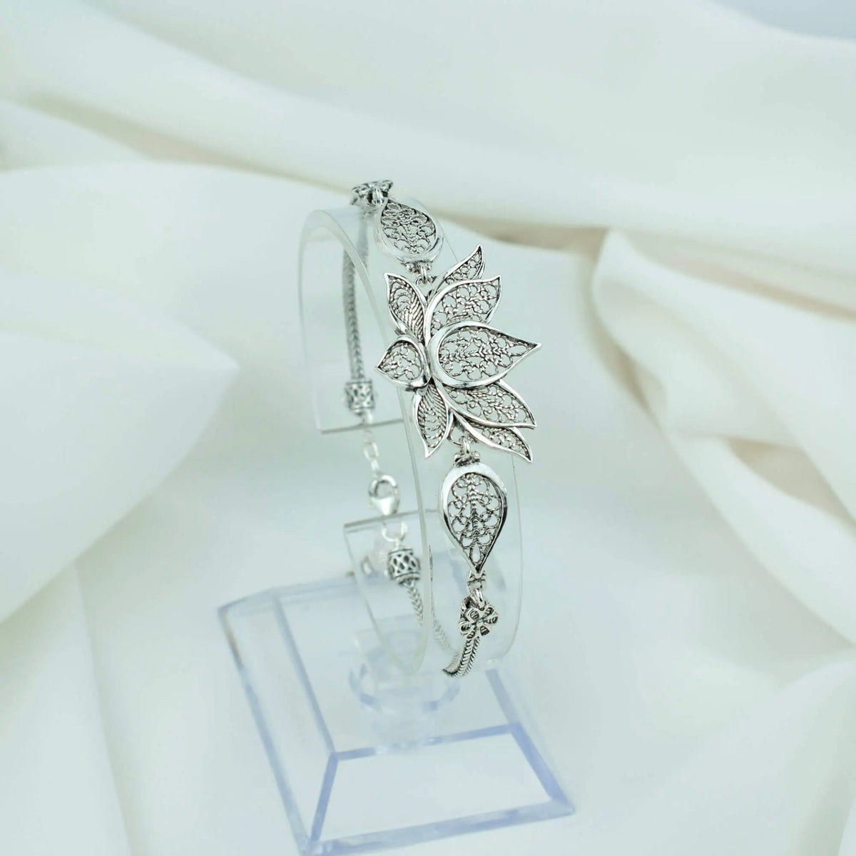 Sterling Silver Filigree Art Lotus Flower Design Woman Link Bracelet - Drakoi Marketplace