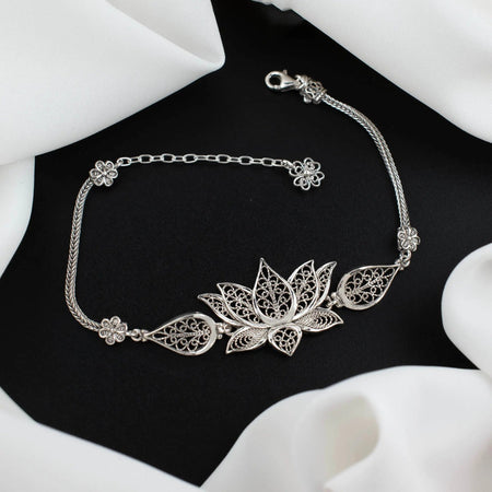 Sterling Silver Filigree Art Lotus Flower Design Woman Link Bracelet - Drakoi Marketplace