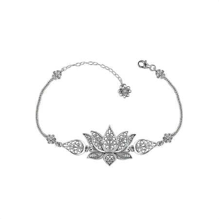 Sterling Silver Filigree Art Lotus Flower Design Woman Link Bracelet - Drakoi Marketplace