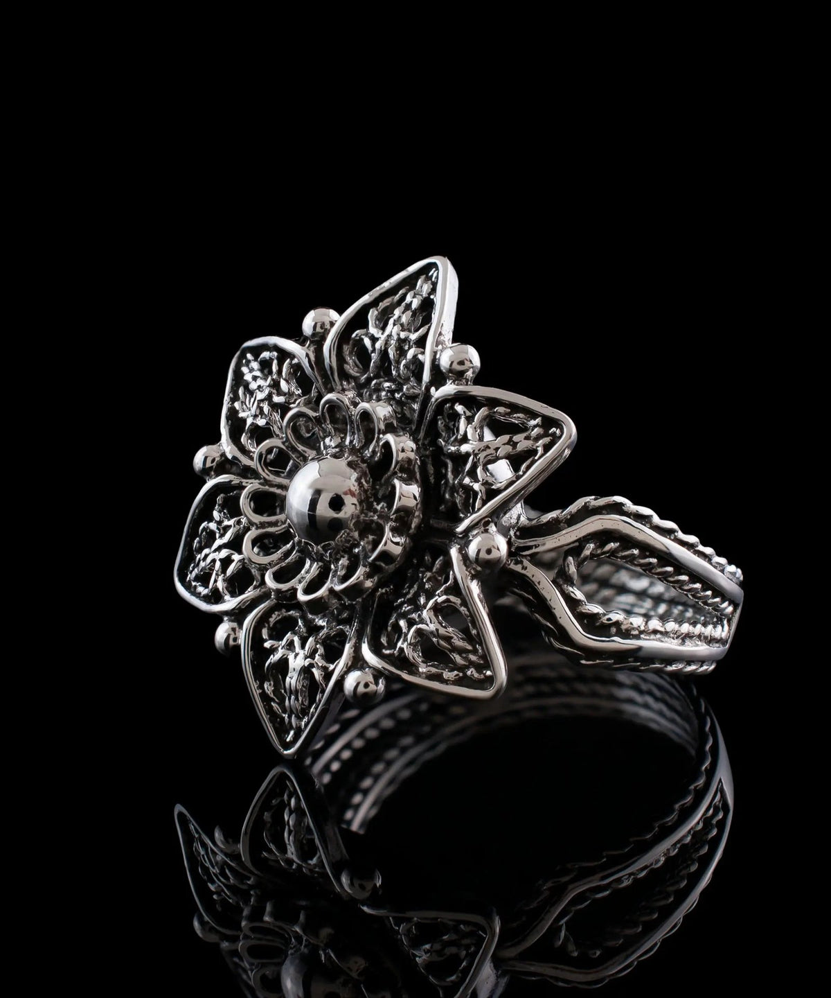 Sterling Silver Filigree Art Lotus Flower Women Cocktail Ring - Drakoi Marketplace