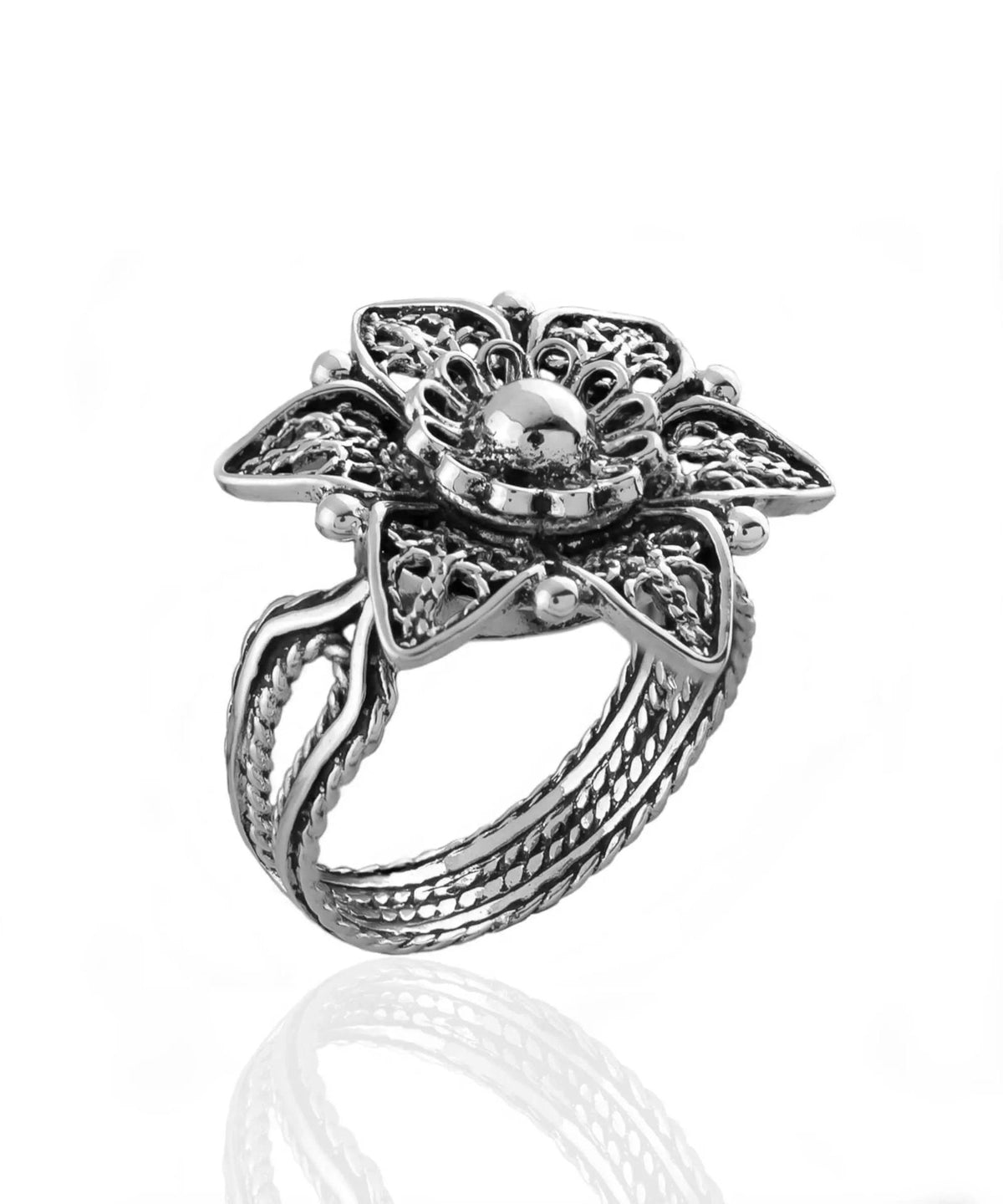 Sterling Silver Filigree Art Lotus Flower Women Cocktail Ring - Drakoi Marketplace