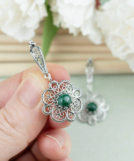 Sterling Silver Filigree Art Malachite Gemstone Women Dangle Drop Earrings - Drakoi Marketplace