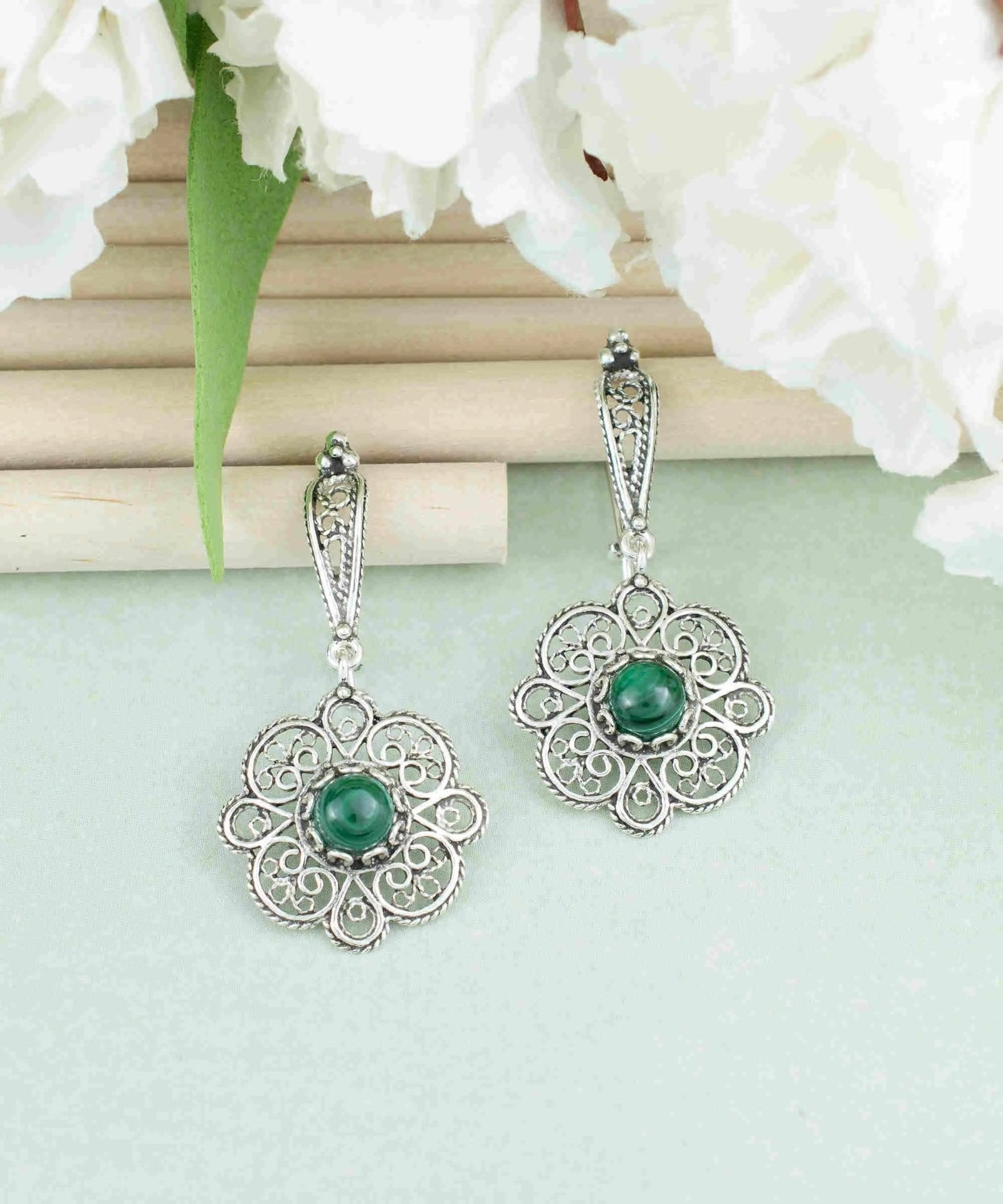 Sterling Silver Filigree Art Malachite Gemstone Women Dangle Drop Earrings - Drakoi Marketplace