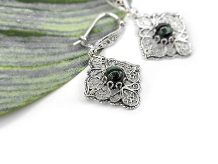 Sterling Silver Filigree Art Malachite Gemstone Women Dangle Drop Earrings - Drakoi Marketplace