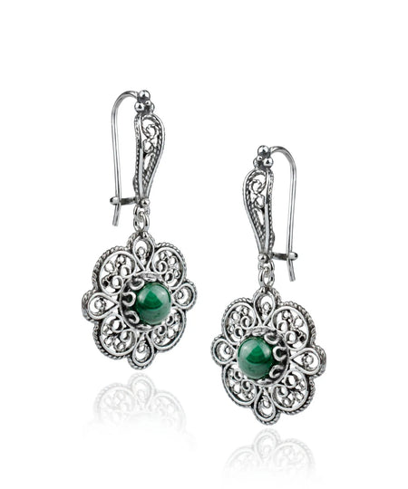 Sterling Silver Filigree Art Malachite Gemstone Women Dangle Drop Earrings - Drakoi Marketplace