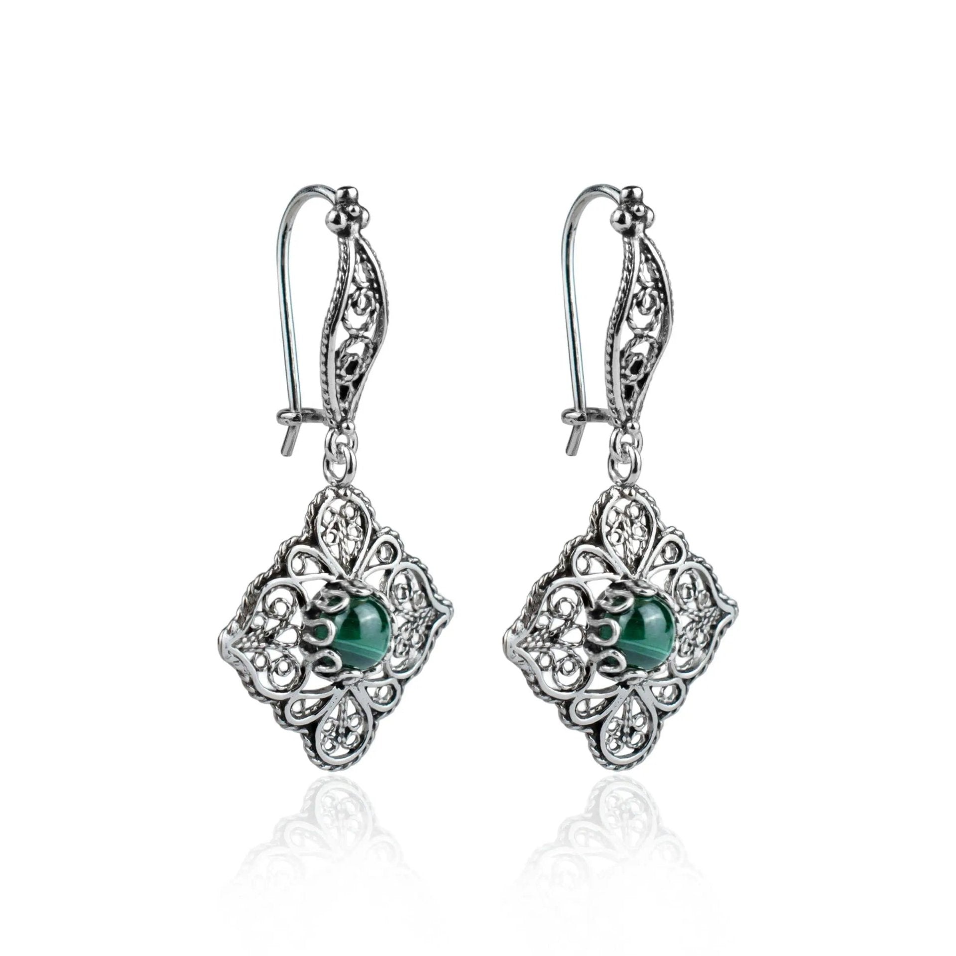 Sterling Silver Filigree Art Malachite Gemstone Women Dangle Drop Earrings - Drakoi Marketplace