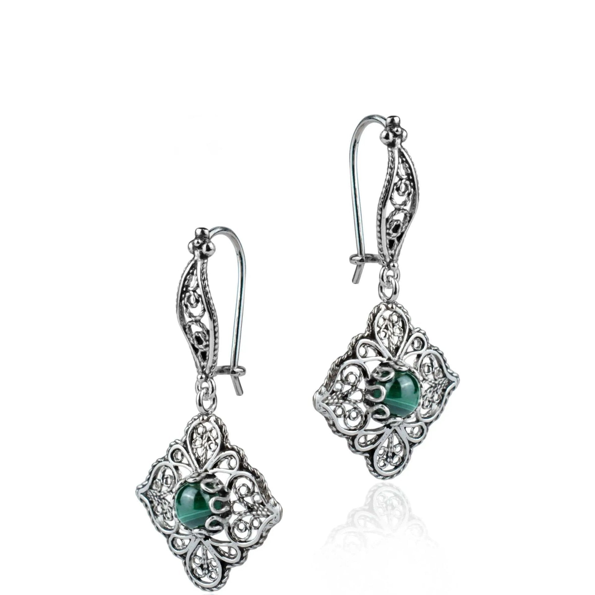 Sterling Silver Filigree Art Malachite Gemstone Women Dangle Drop Earrings - Drakoi Marketplace