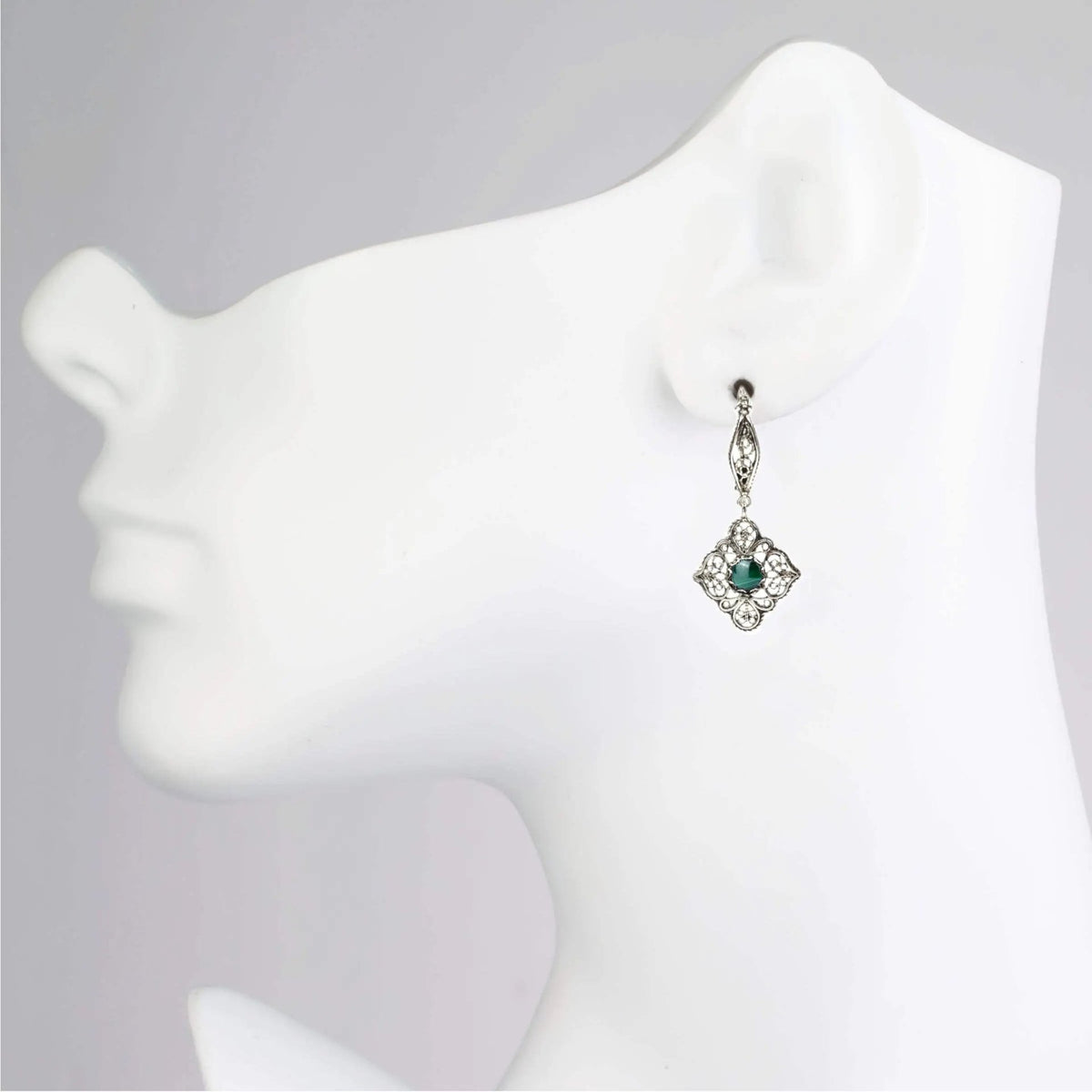 Sterling Silver Filigree Art Malachite Gemstone Women Dangle Drop Earrings - Drakoi Marketplace