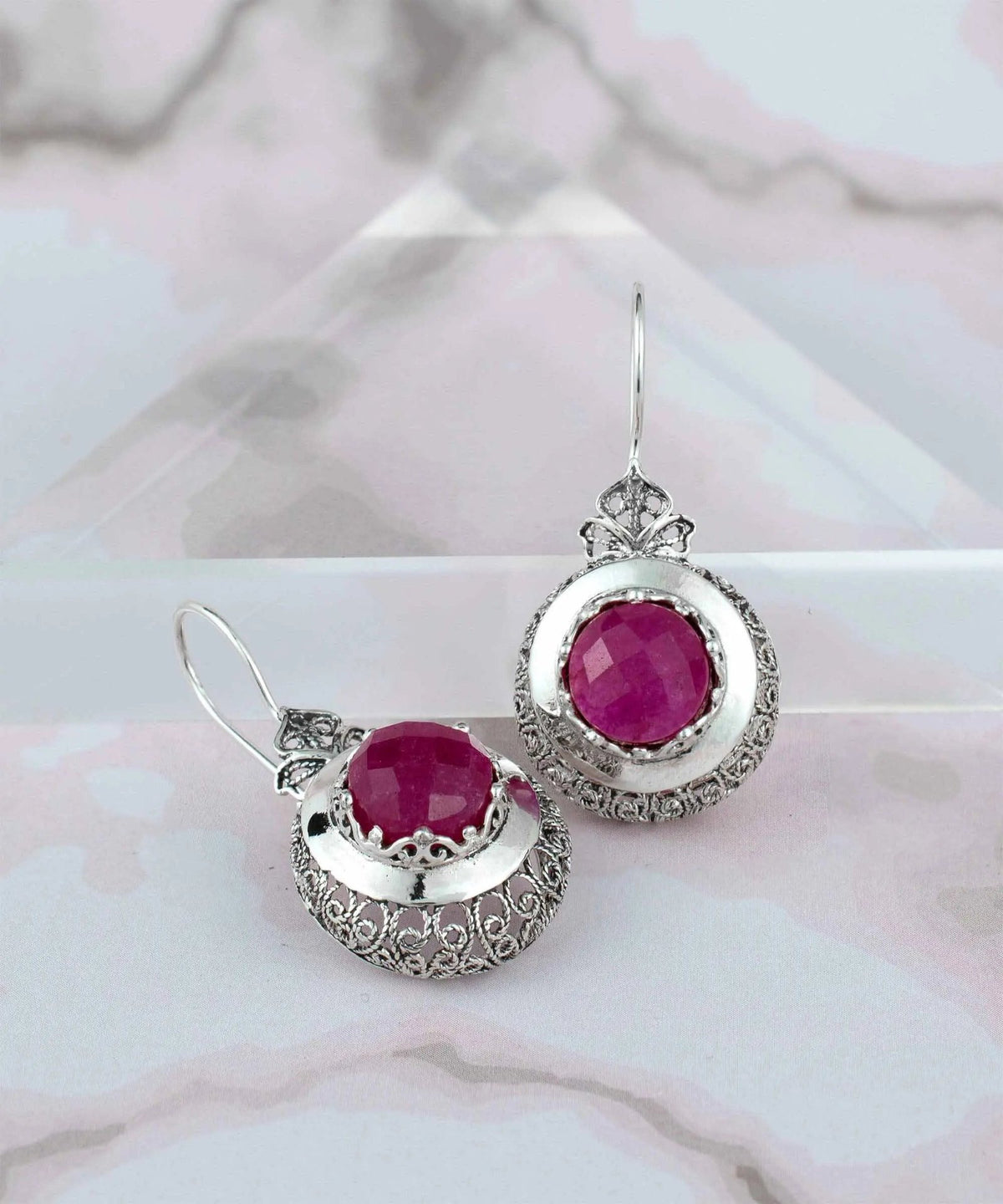 Sterling Silver Filigree Art Opaque Ruby Corundum Gemstone Women Drop Earrings - Drakoi Marketplace