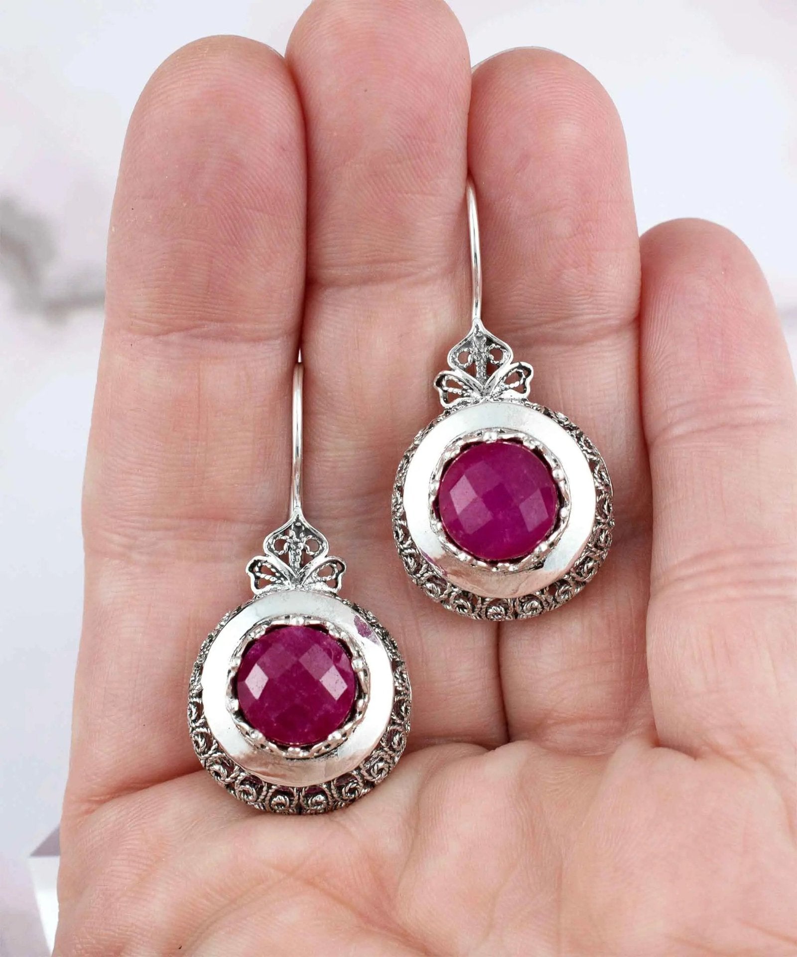 Sterling Silver Filigree Art Opaque Ruby Corundum Gemstone Women Drop Earrings - Drakoi Marketplace