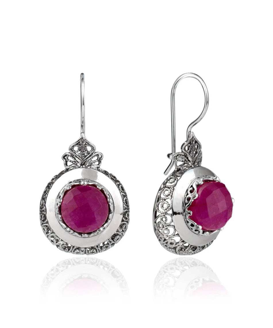 Sterling Silver Filigree Art Opaque Ruby Corundum Gemstone Women Drop Earrings - Drakoi Marketplace