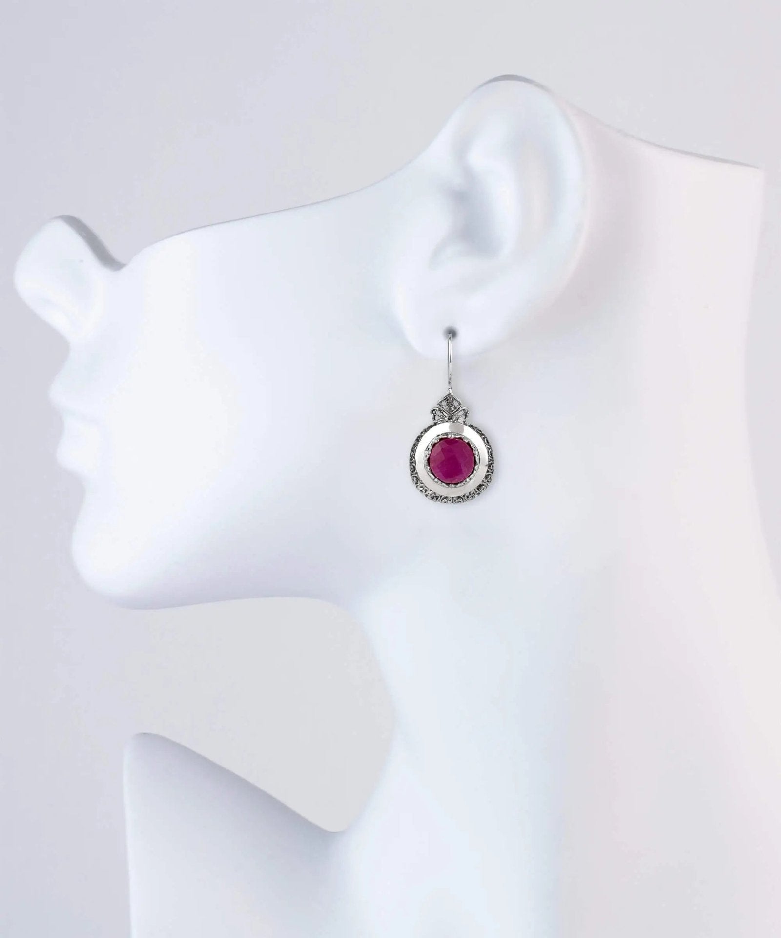 Sterling Silver Filigree Art Opaque Ruby Corundum Gemstone Women Drop Earrings - Drakoi Marketplace