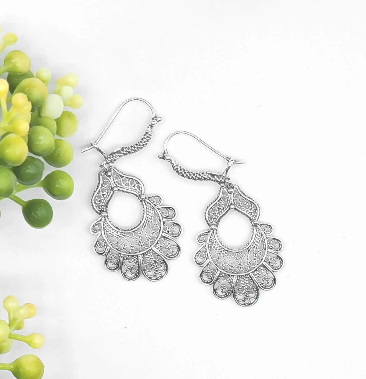 Sterling Silver Filigree Art Peacock Design Women Dangle Drop Earrings - Drakoi Marketplace