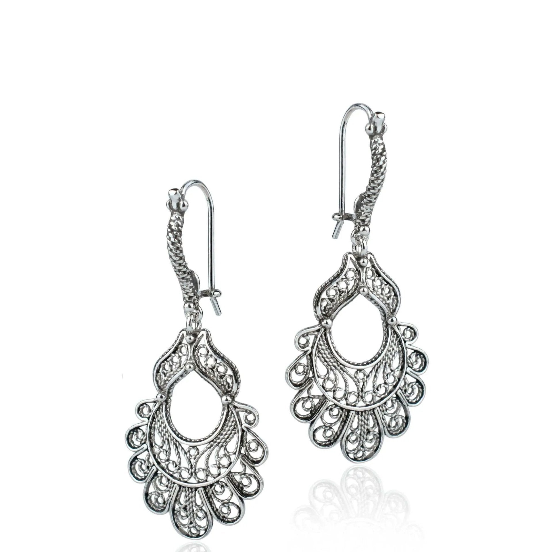 Sterling Silver Filigree Art Peacock Design Women Dangle Drop Earrings - Drakoi Marketplace