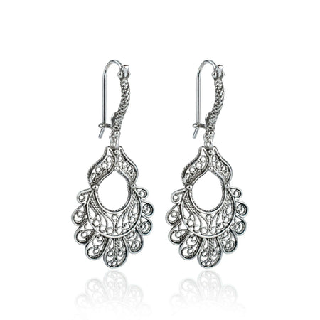 Sterling Silver Filigree Art Peacock Design Women Dangle Drop Earrings - Drakoi Marketplace