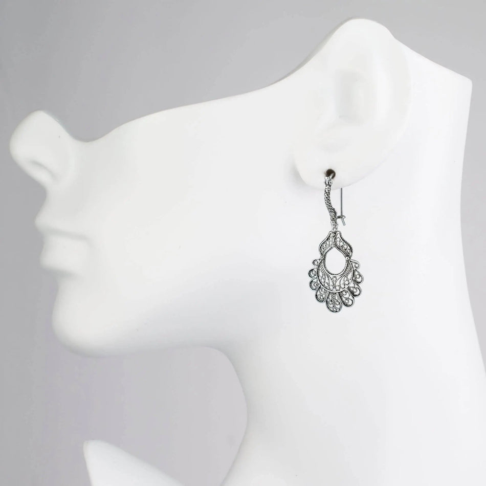 Sterling Silver Filigree Art Peacock Design Women Dangle Drop Earrings - Drakoi Marketplace