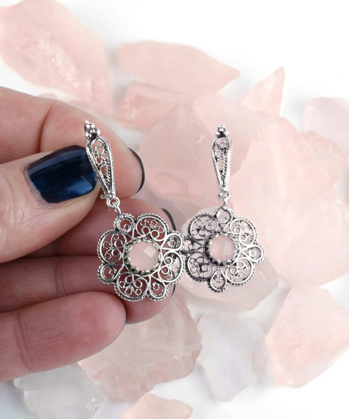 Sterling Silver Filigree Art Pink Chalcedony Gemstone Women Dangle Drop Earrings - Drakoi Marketplace