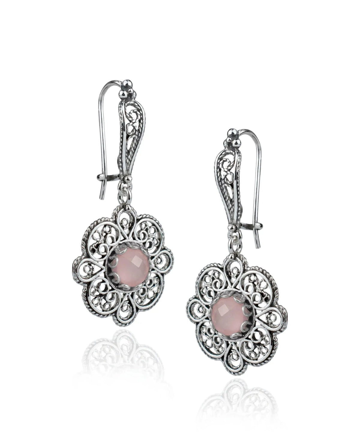 Sterling Silver Filigree Art Pink Chalcedony Gemstone Women Dangle Drop Earrings - Drakoi Marketplace