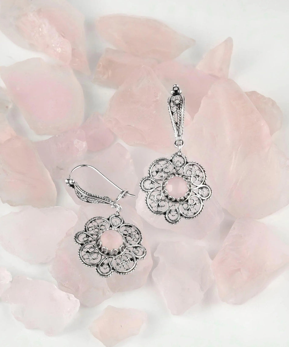 Sterling Silver Filigree Art Pink Chalcedony Gemstone Women Dangle Drop Earrings - Drakoi Marketplace