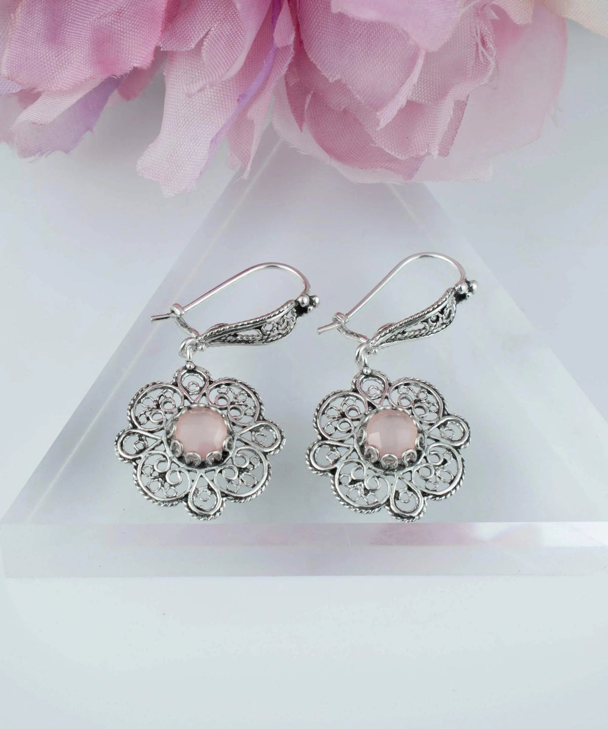 Sterling Silver Filigree Art Pink Chalcedony Gemstone Women Dangle Drop Earrings - Drakoi Marketplace