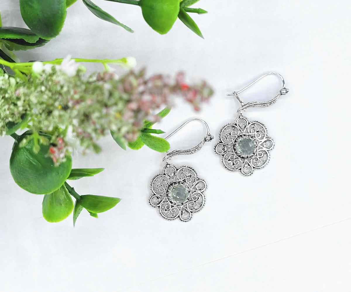 Sterling Silver Filigree Art Prasiolite Gemstone Women Dangle Drop Earrings - Drakoi Marketplace